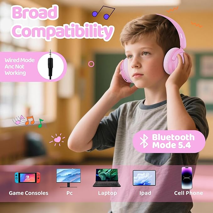 MIDOLA Active Noise Cancelling Kids Headphones Bluetooth 5.4 Wireless Volume Limited 85/94dB,Type C Fast Charging,Over Ear Foldable with Mic Aux Cord for Toddler Child Pad Tablet Pink