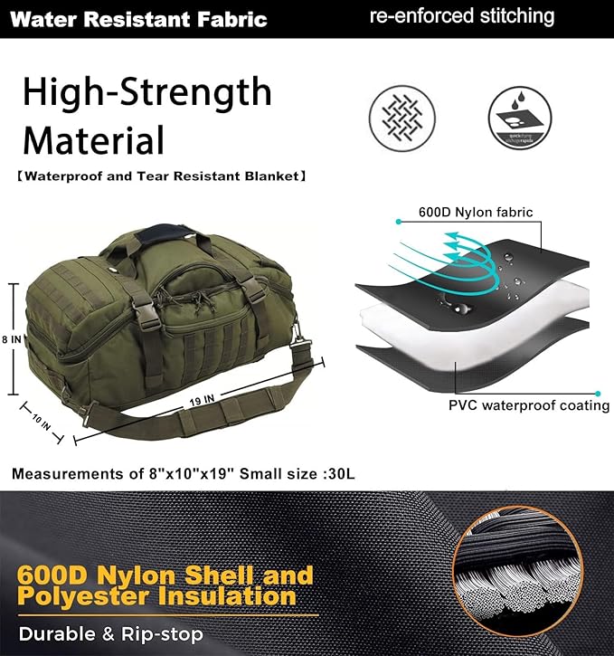 Travel Duffle Bag Backpack for Men - Large Tactical Bags Weekender Gym Bag for Overnight Traveling Military Workout Deployment Sports (Green, 25L)