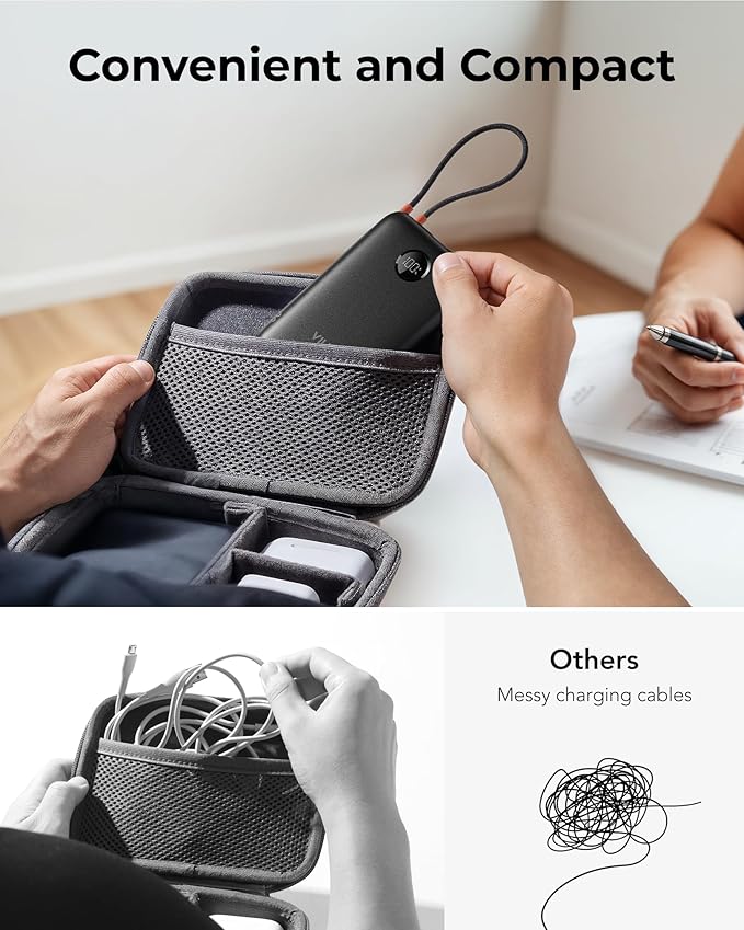 Slim Portable Charger 10000mAh, Travel Power Bank with Built-in USB-C Cable & LED Display, 22.5W Fast Charging Battery Pack Compatible with iPhone 16 15 Samsung S24 S23 -Black