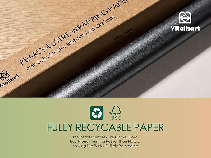 Vitalizart Black Wrapping Paper Set 30" Pearly-Lustre With Silk Like Satin Ribbon & Gift Tags Recyclable Eco-Friendly Christmas Gift Wrapping Birthday Baby Shower Wedding Handmade Crafts 197"(16.4 Ft)