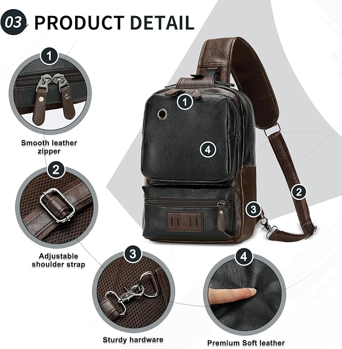 Vintage PU Leather Sling Backpack for Men, Crossbody Bag, Adjustable Shoulder Strap, Compact Backpack for Travel, Daily Use, and Gift, Black