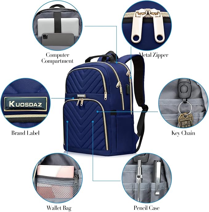 Navy Blue 15.6 Inch Laptop Backpack for Women, Stylish Water-Resistant Backpack with USB Charging Port, Anti-Theft Pockets, and Padded Laptop Compartment