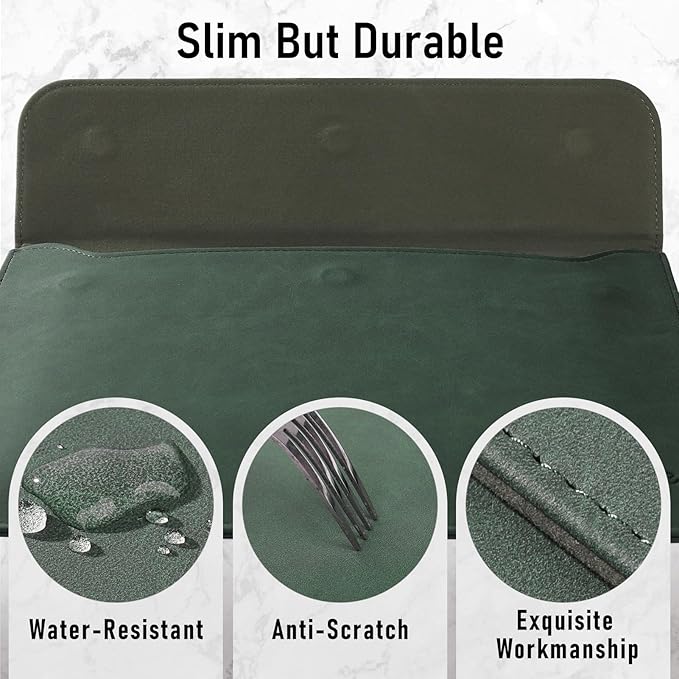 Allinside 13 Inch Laptop Sleeve Case for MacBook Air 13 2018-2025/MacBook Pro 13 2016-2022/Macbook Pro 14 2021-2024, Waterproof PU Leather Horizontal Envelope Protective Case Cover, Dark Green