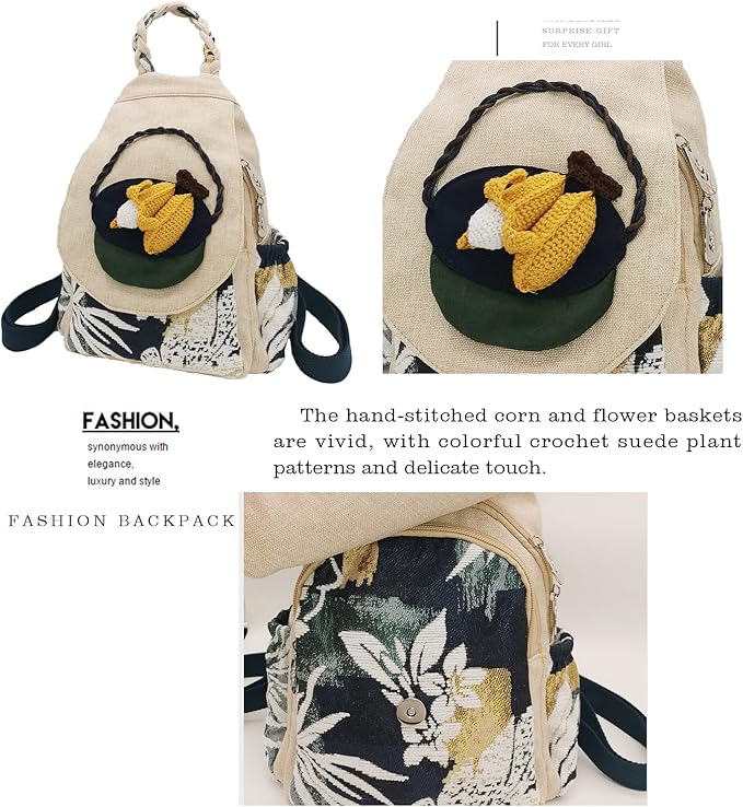HUANGGUOSHU Women Cotton Woven Bohemian Hemp Boho Canvas Embroidery Multi Pocket Retro Cute Backpack Wallet Backpack（Corn）