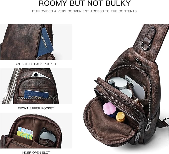 7L Sling Bag For Women Faux Leather Anti Theft Small Casual Daypack Backpack Fanny Pack Crossbody Chest Bags Purse Waterproof Coffee Color