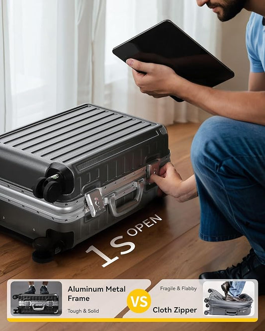 LUGGEX Carry On Luggage with Spinner Wheels, 20 Inch Aluminum Frame Zipperless Polycarbonate Hard Shell Suitcase, Blue