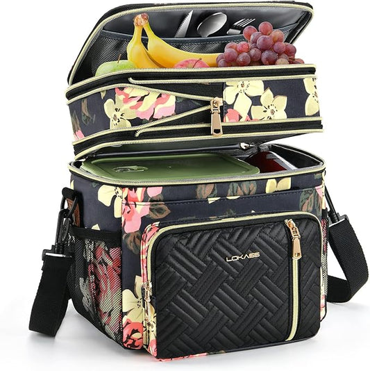 LOKASS Lunch Box for Women, 16L, Double Deck Expandable Insulated Lunch box For Adults/Women Thermal Large Waterproof Leakproof Cooler Bag with Shoulder Strap - Peony