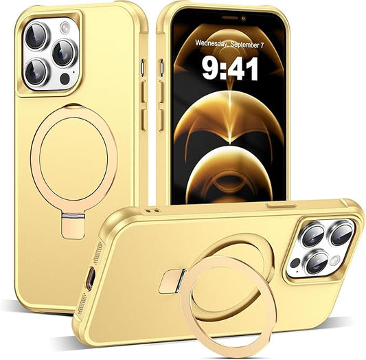 Compatible with iPhone 12 Pro Max Case & iPhone 13 Pro Max Case 6.7" with Magnetic O-Ring Stand [Compatible with Mag-Safe][Great Grip Feeling], Gold