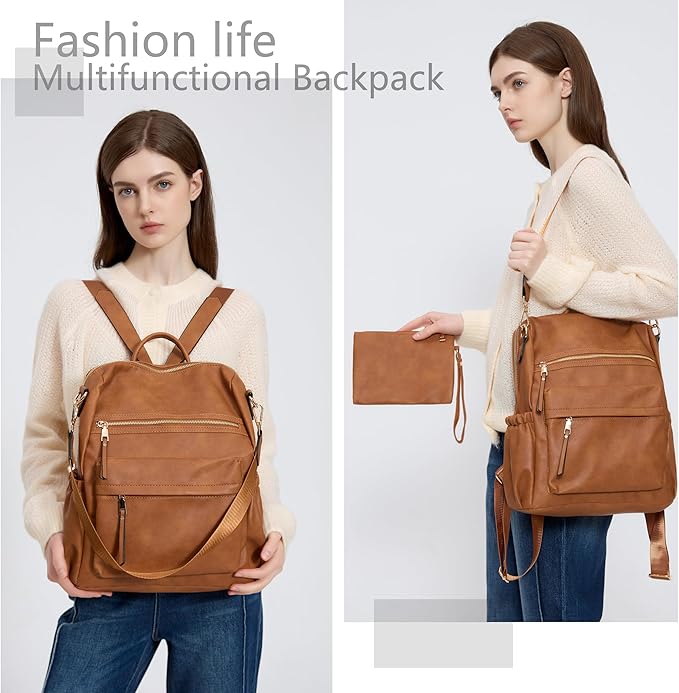 Dora & Liz Womens Backpack Purse Leather Fashion Travel Backpack Purse for Women Designer Ladies Shoulder Bags with Wristlet