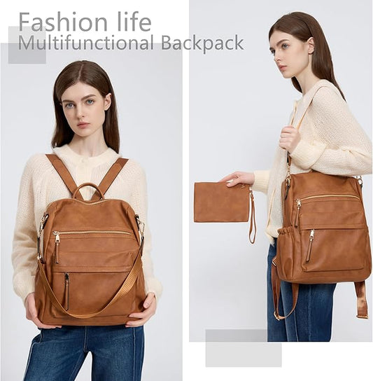 Dora & Liz Womens Backpack Purse Leather Fashion Travel Backpack Purse for Women Designer Ladies Shoulder Bags with Wristlet