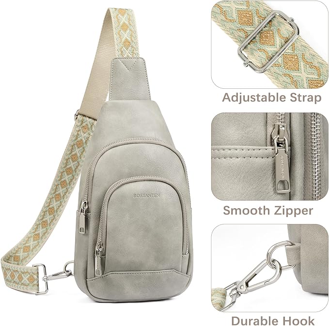 BOSTANTEN Sling Bag for Women Leather Crossbody Bag Vintage Cross Body Purse for Travel with Guitar Strap, Bohemian Style