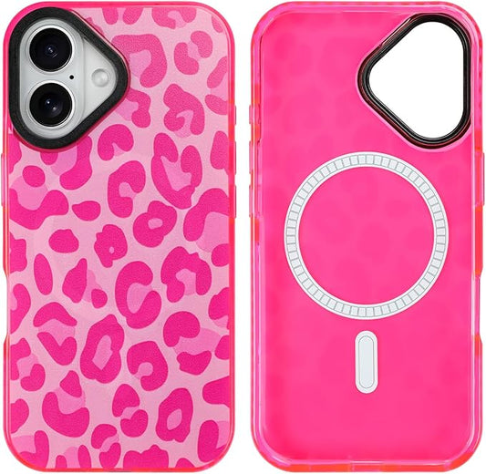 SAKUULO Magnetic for iPhone 16 Case Hot Pink Leopard Print Pattern [Compatible with MagSafe] [with Screen Protector] Wireless Charge Strengthen Protection Cover, Hot Pink Leopard (6.1")