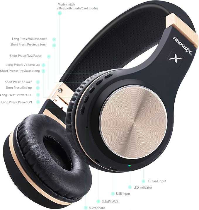 Riwbox Bluetooth Headphones, XBT-80 Folding Stereo Wireless Bluetooth Headphones Over Ear with Microphone and Volume Control, Wireless and Wired Headset for PC/Cell Phones/TV/iPad (Black Gold)