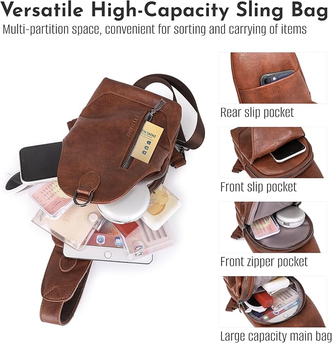 Small Sling Bag for Women - in Vegan Leather Versatile Fanny Pack, Crossbody Bags for Women with Adjustable Guitar Belt Suitable, Dark Brown