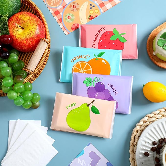 PerKoop 100 Pack Pocket Tissues Travel Slim Packs Small Facial Tissues Wallet Size Toilet Paper for Travel Guest Wedding Supplies, 4 Styles(Fruits)