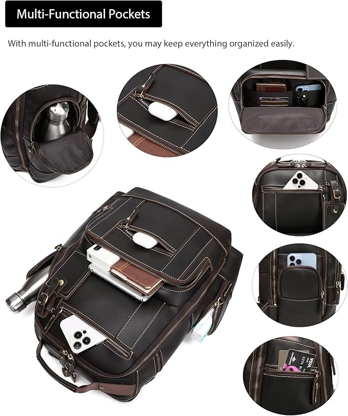 LANNSYNE Vintage Genuine Leather Backpack for men, 15.6" Laptop Backpack Travel Camping 24L Rucksack