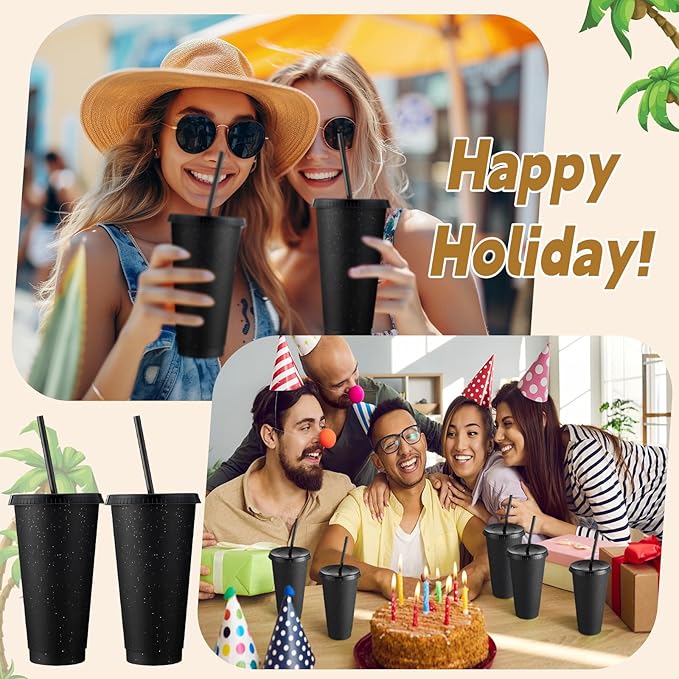 Honeydak 60 Pack Tumbler with Straw and Lid Bulk Glitter Plastic Cups Water Bottle Iced Coffee Travel Mug Reusable Party Favor Cups for Birthdays travel 24-27 oz (Black)
