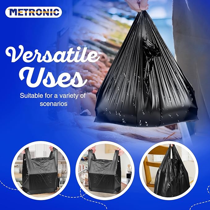 METRONIC 500 Count Black Plastic T-shirt Bags with Handle, 12" x 6.5" x 21" Plastic Carry Bags for Retail, Supermarket, Grocery Shopping Bag for Packaging, Takeout, Convenience Stores, in Bulk