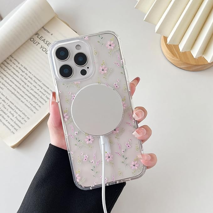 ZTOFERA for iPhone 16 Pro Max Magnetic Case Compatible with Magsafe,Aesthetic Floral Pattern Design Cute for Girl Women,Anti-Drop Protective Hard Phone Cover for iPhone 16 Pro Max-Pink Flower