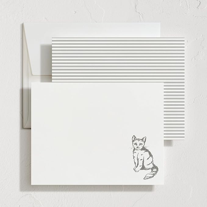 Minted Furry Friend Stationery Set, Set of 10, Flat Note Cards & Envelopes for Invitiations and Handwritten Thank You Messages, Black & White Cat, Gifts for Men & Women, Pet Lovers, Luxurious Paper