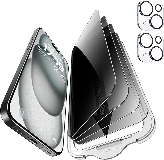 EZ-GLAZ- 4 Pack for iPhone 15 Privacy Screen Protector [6.1"] With 2 Pack Camera Lens Protector, 9H+ Hardness 12FT Military Grade Shatterproof Scratch Resistant Durable Tempered Glass Film with Flawless Fit Kit