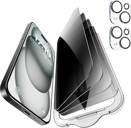 EZ-GLAZ- 4 Pack for iPhone 15 Privacy Screen Protector [6.1"] With 2 Pack Camera Lens Protector, 9H+ Hardness 12FT Military Grade Shatterproof Scratch Resistant Durable Tempered Glass Film with Flawless Fit Kit