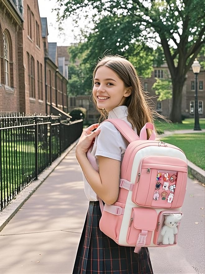 Kawaii Backpack for Teen Girls, Cute Aesthetic High Middle School College Bookbag with Accessories，Pink Beige