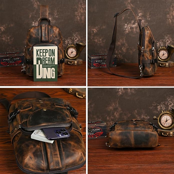 Thick Crazy horse Leather Triangle Crossbody Sling Chest Bag Travel One Shoulder Bag Daypack For Men Male 3028