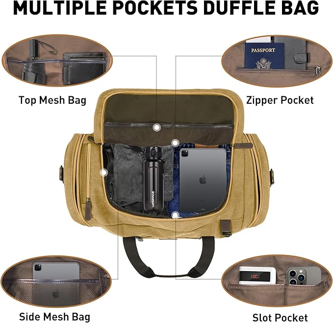 60L Duffle Bag for Men, Nomad Waxed Canvas Travel Duffel Bag Vintage Genuine Leather Travel Handbag Upgraded Weekender Overnight Backpack with Shoes Compartment (Khaki, X Large-60L)