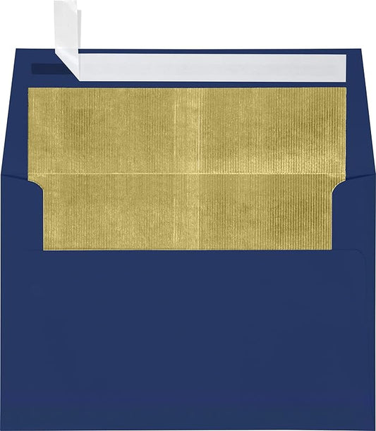 LUXPaper A4 Foil Lined Invitation Envelopes | Peel & Press | 4 1/4" x 6 1/4" | Blue w/Gold LUX Lining | 80lb. Text | 50 Qty