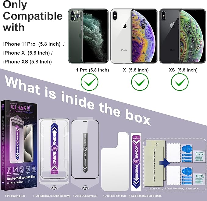 CHISHA 2-Pack Screen Protector Tempered Glass for iPhone 11 Pro and iPhone XS and iPhone X 5.8-Inch, Auto Dust Removal, No Bubbles, High Definition Clear, Easy Installation