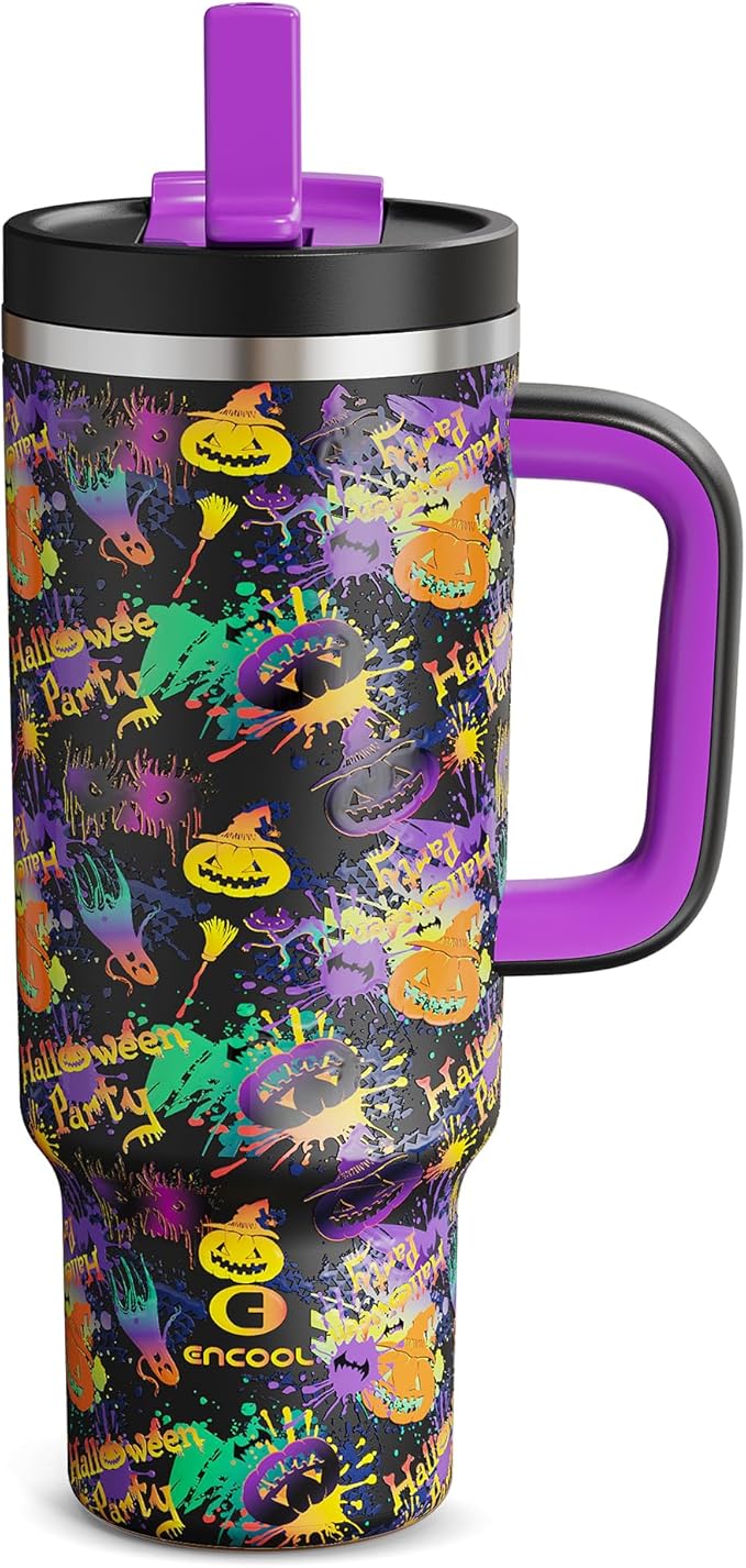 40oz Halloween Tumbler with Handle and Straw, Stainless Steel Insulated Water Bottle with Straw, Leak-Proof, Cup Holder Friendly, Keeps Cold 24 H, Gifts for Women Men, Ghost Party