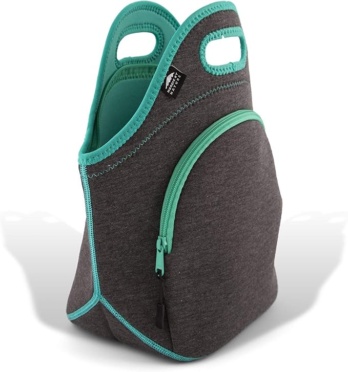 Nordic By Nature Insulated Neoprene Lunch Bag, Soft & Foldable Washable & Reusable Extra-Pocket (L) Dark Grey/Lagoon