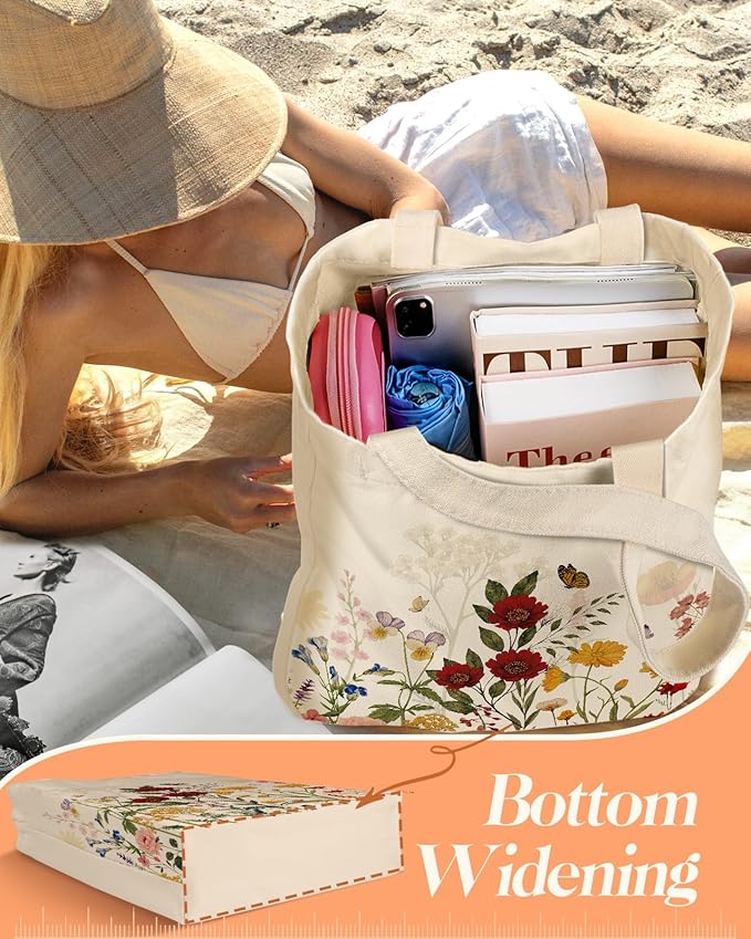 2 Pack Canvas Tote Bag - with Makeup Pouch Aesthetic Cute Women Reusable Canvas Bag for Shopping, Work, Travel