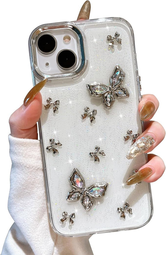 EYZUTAK Case for iPhone 15 Plus, Bling Glitter 3D Butterflies Bowknot Phone Case Cute Crystal Clear Bow Aesthetic Case Slim Soft Durable TPU Transparent Protective Cover for Women Girls - Butterfly