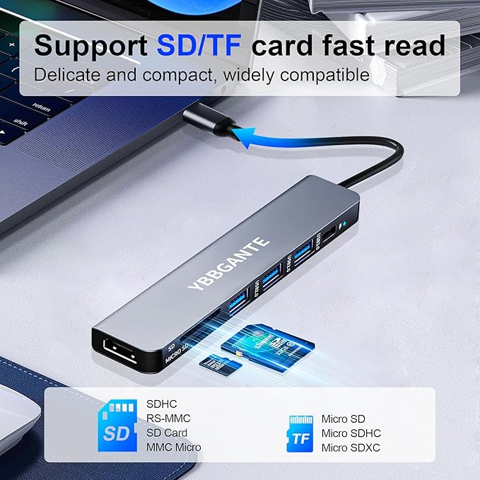 USBC Multiport Adapter USB c to USB hub 7 in 1 dongle Adapter USB c hub multiport Adapter with SD Card Reader 100W PD 4K30hz hdmi USB hub USB C Adapter for MacBook Pro