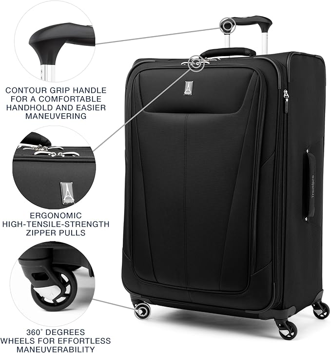 Travelpro Maxlite 5 Softside Expandable Checked Luggage with 4 Spinner Wheels, Lightweight Suitcase, Men and Women, Black, Checked Large 29-Inch