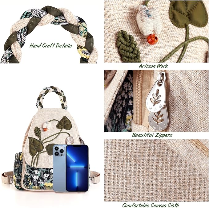 Girl's Convertible Sling Bag, Hand Craft Artisan Purse, Beautiful Canvas Premium Casual Day Mini Backpack for Women (Green Marsh)