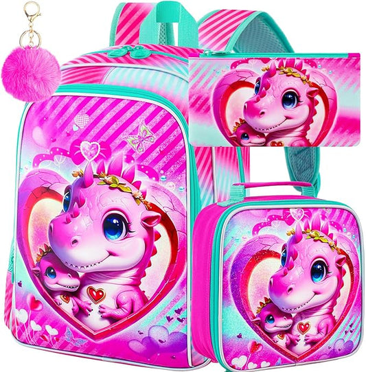 16" Dinosaur Backpack for Girls, 3Pcs School Bookbag with Lunch Box, Kids Backpacks Set for Elementary Preschool Kindergarten(Pink)