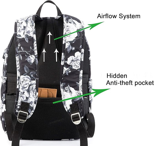 Kinmac White Rose Pattern 15 inch Waterproof Laptop Travel Outdoor Backpack With USB Charging Port For 13 inch 14 inch and 15.6 inch Laptop