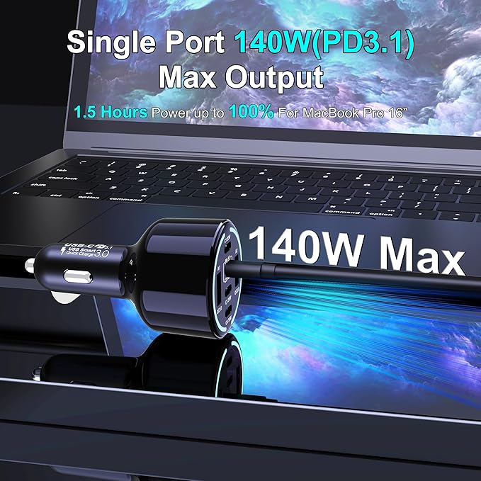 CHIPOFY 300W USB C Car Charger, 6 Ports (4 USB C + 2 USB A) - PD3.1 140W PPS 45W QC 60W Super Fast Charging Car Adapter for MacBook Laptop, iPhone 17 16 Pro Max, iPad, Galaxy S25/S24 Ultra etc