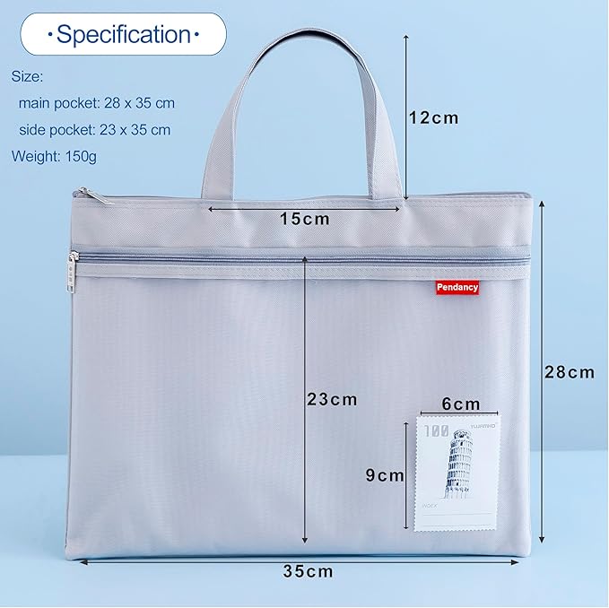 Pendancy Mesh Zipper Pouch 11x13.7 in, Large Double Pocket Waterproof File Bag with Handle, A4 Size Foldable Document Storage for Puzzle Project/Cross Stitch/Travel/Office（Gray）