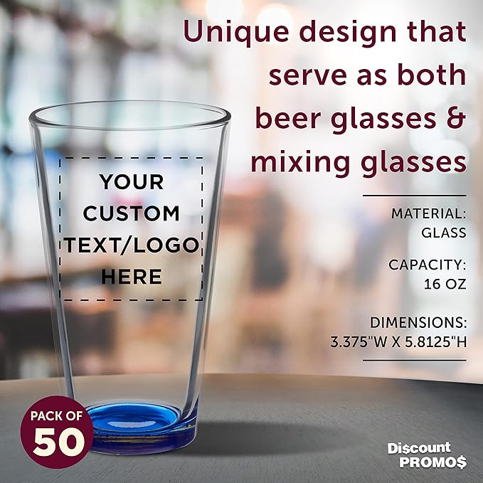 Custom Arc Pint Glass 16 oz. Set of 50, Personalized Bulk Pack - Beer Glasses, Heavy Duty Drinkware - Blue