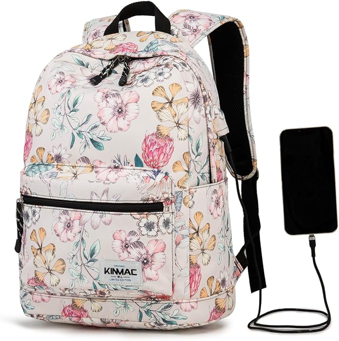Kinmac Laptop Backpack with USB Charging Port for Laptop Up to 15.6 Inch Men Women Travel Outdoor Backpack (Floral)