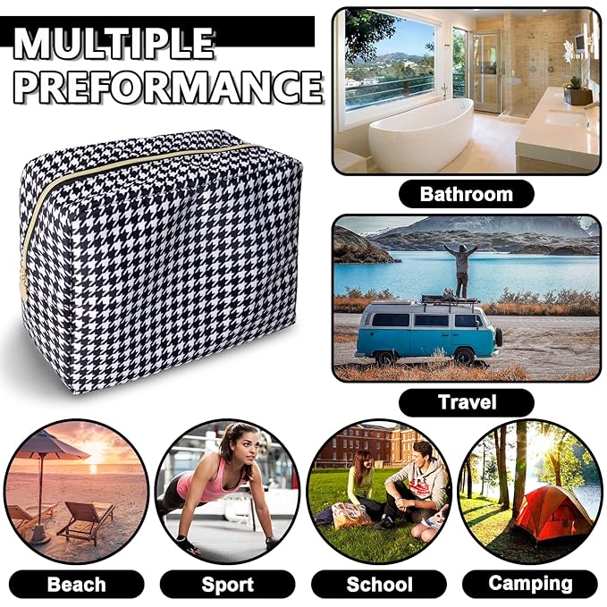 Large Makeup Pouch, Nylon Women Travel Toiletry Storage Houndstooth Cosmetic Bag for Girls, Big Preppy Makeup Organizer Cute Zipper Pouch Skincare Bag for Sport School (Large-Houndstooth)
