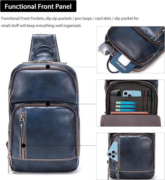 LANNSYNE Full Grain Leather Sling Bag For Men, Crossbody Bag fits 12.9" iPad Crossbody Chest Daypack