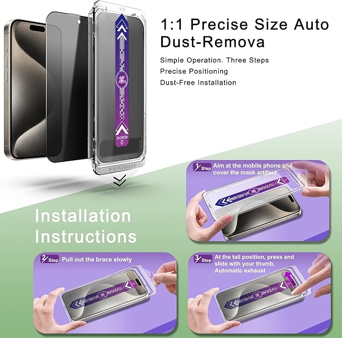 2 Pack Privacy Screen Protector for iPhone 16 Pro Max 6.9-Inch Auto Dust Removal, No Bubbles,Anti-Spy Tempered Glass Film, Easy Installation