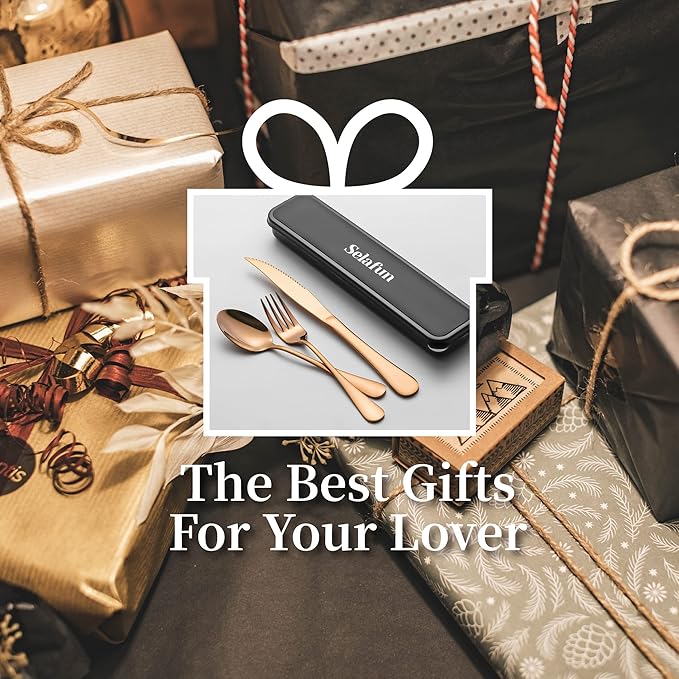 4-pieces Travel Set with Case Portable Silverware Utensils Set for work, Stainless Steel Reusable Flatware Set Cutlery Set for Camping Picnic Hiking Office (6.7inch, Rose Gold)