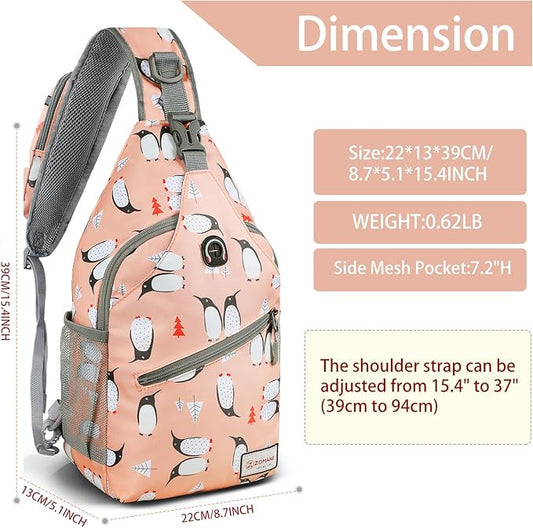 ZOMAKE Sling Bag, Penguin Pink, Nylon, 5 Separate Compartments, 10" iPad Compartment, Anti-Theft, Adjustable Reversible Shoulder Strap, Water Resistant