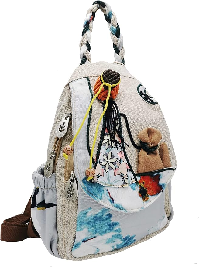 HUANGGUOSHU Women Cotton Woven Bohemian Hemp Boho Canvas Embroidery Multi Pocket Retro Cute Backpack Wallet Backpack（Maiden）